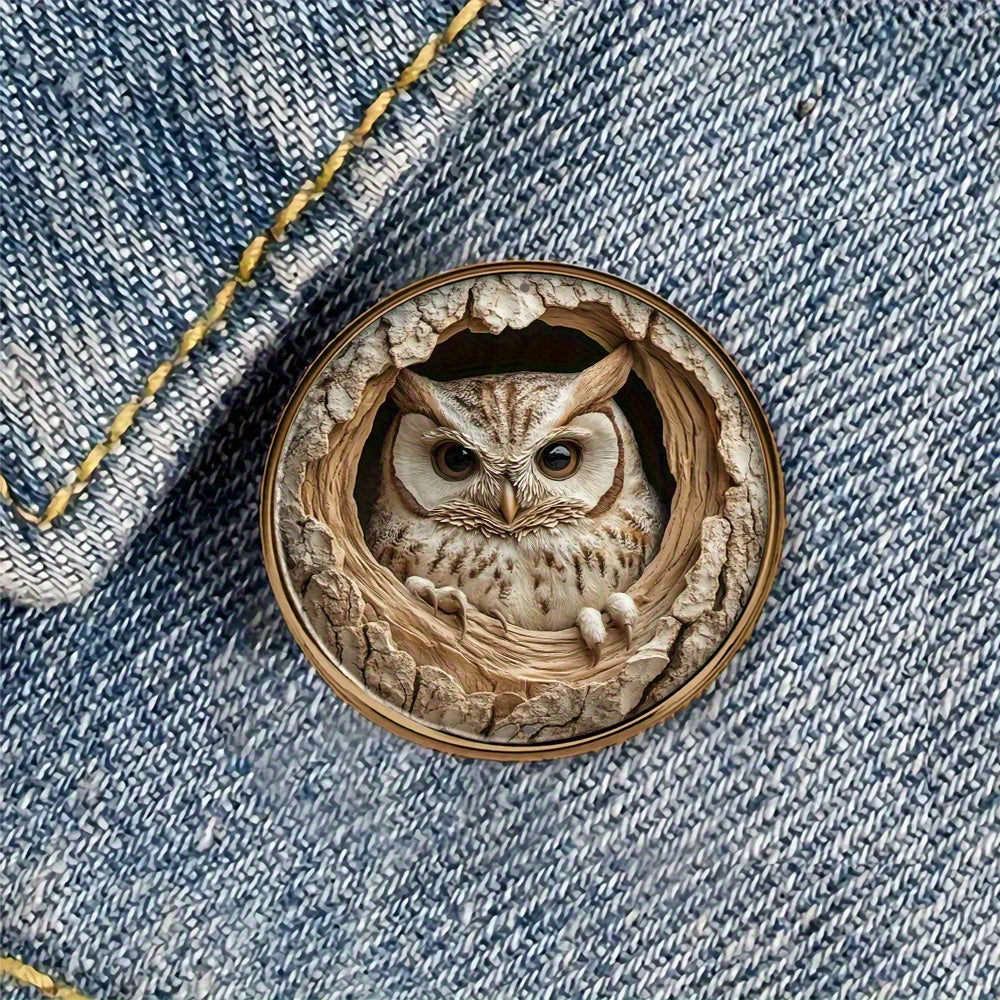 TEMU 1pc Owl Brooch Badge- Realistic Wooden Alloy And Resin Round Pin, Suitable For Backpacks, Hats, Clothing, Shoes- Natural Inspiration Decorative