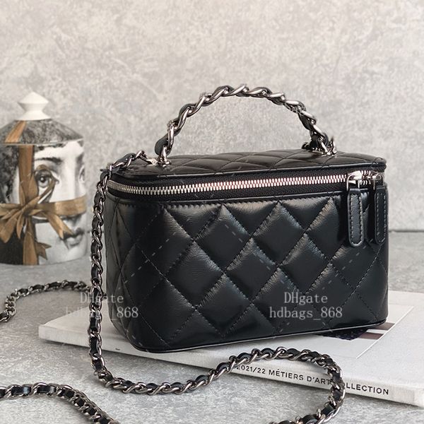 Luxury Lambskin Vanity Case with Diamonds Handle - Designer Cosmetic Bag & Top Mirror Quality Chain Purse with Box 24C20L