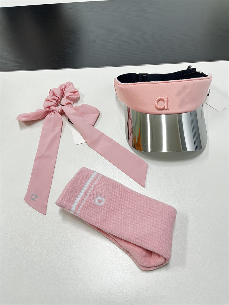 Pink Visor Hat Designer Summer Casual Sport Golf Tennis Cap Cotton Yoga Socks Fashion Yoga Girl Headband Bow Scrunchie Set