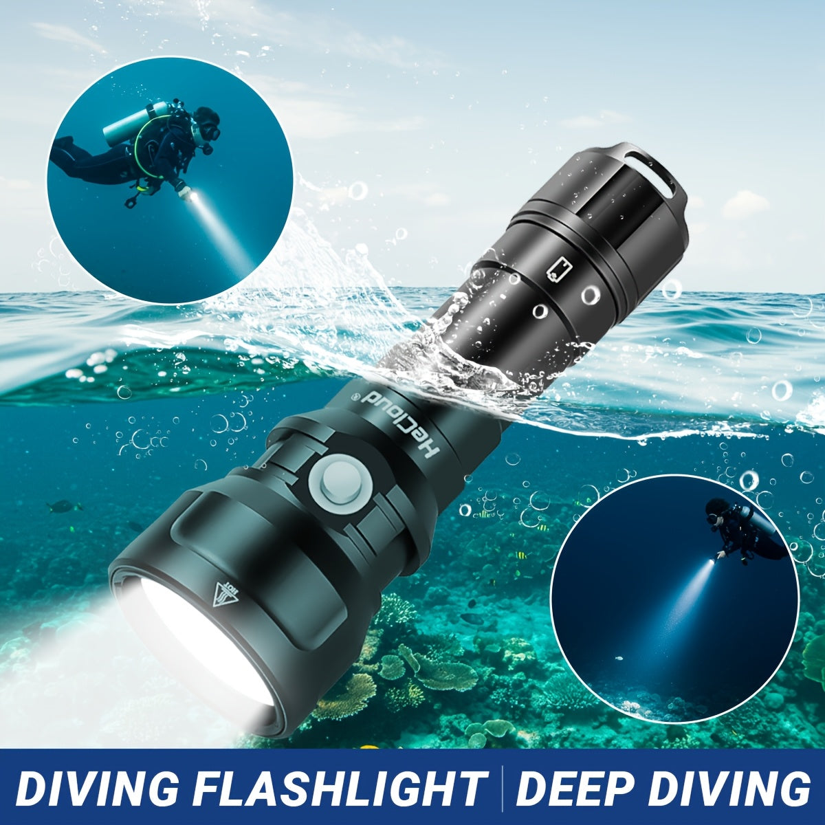 TEMU 2000lumen Brightness, 394ft High Power Scuba Diving Flashlight, Highest Rating Professional Diving Light Rechargable Lithium Battery With Hand
