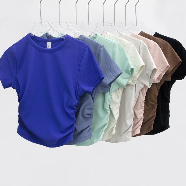 Yoga T-shirt Summer Top Womens Ribber Round Collar Short Sleeve All it takes Elastic Drawstring lemon Sports Fiess Solid Color