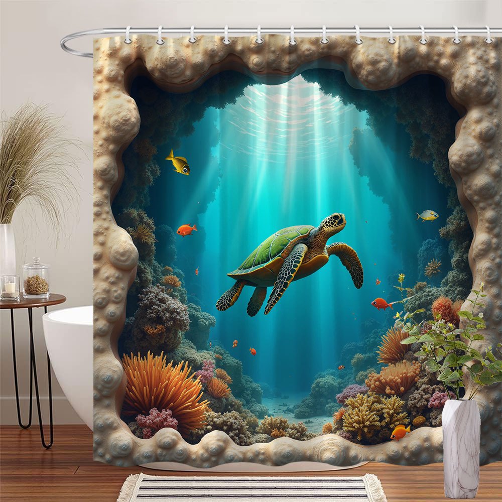 TEMU 1pc Sea Turtle Underwater Shower Curtain - Vibrant Coral & With Turtle, Sunlight Filtering Ocean Scene, Beige Coral Frame, Durable Polyester