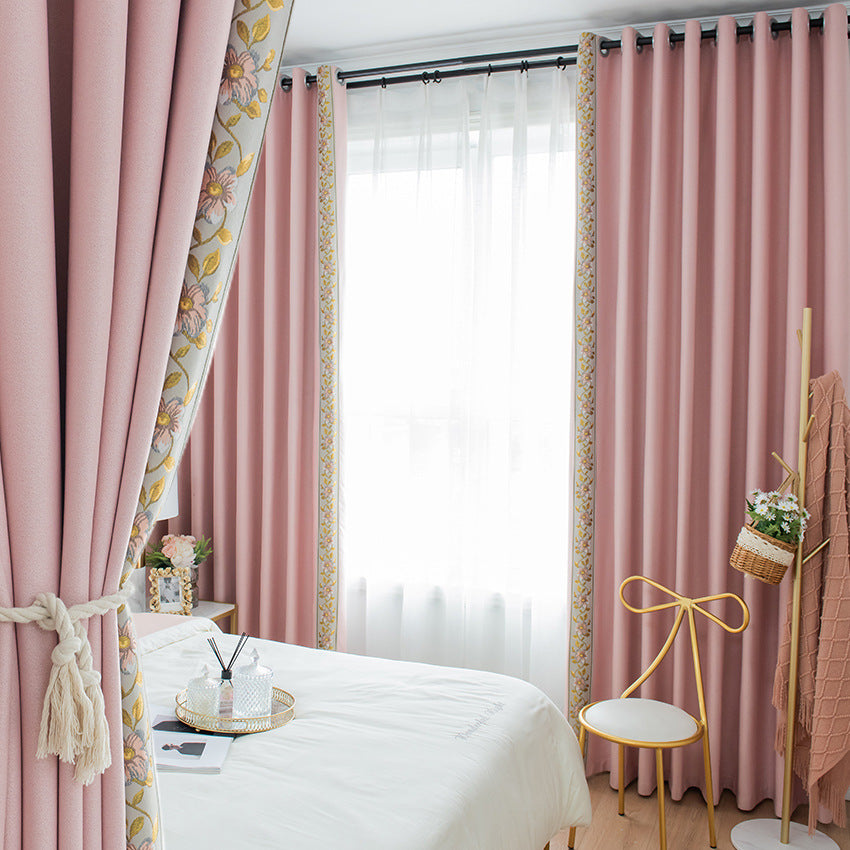 T0007 double-sided linen full blackout curtain cloth soundproof living room bedroom solid color splicing cotton and linen finished curtain