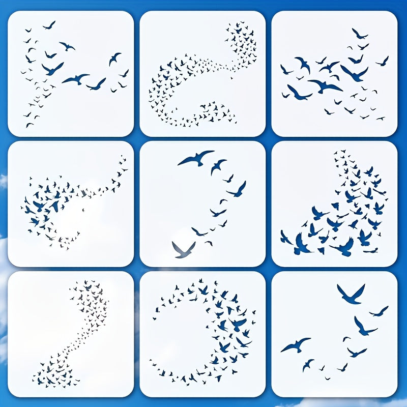 TEMU 9pcs Reusable 6.0x6.0inch Bird Silhouette Stencils - 9 Unique Flying , Suitable For Diy Crafts, Scrapbooking, Fabric & Wood Wall Art - Home