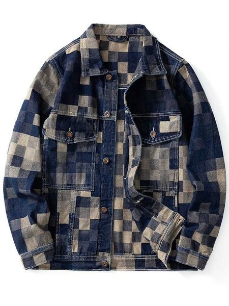 Men&#039;s Jackets Mosaic checkered printed denim jacket for men 2024 new fashion trend retro high-end outerwear casual loose plus size top