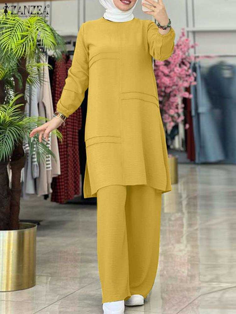 RUKAS Muslim Two Piece Sets Women Outifits Tracksuit Elegant Long Sleeve Blouse Wide Leg Pants Sets Solid Islamic Clothing 2023