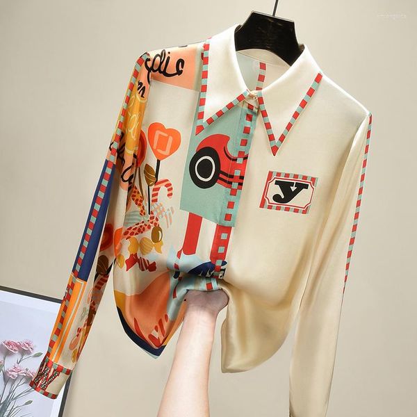 Women&#039;s Blouses Elegant Print Silk Blouse Women Korean Long Sleeve Shirt Modis Tops 2023 Arrival