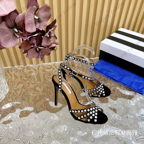 Top designer dress shoes Fashionable Genuine Leather Rhinestone Pineapple Sandals for Women Summer Simple Open Toe Straight Strap and High H