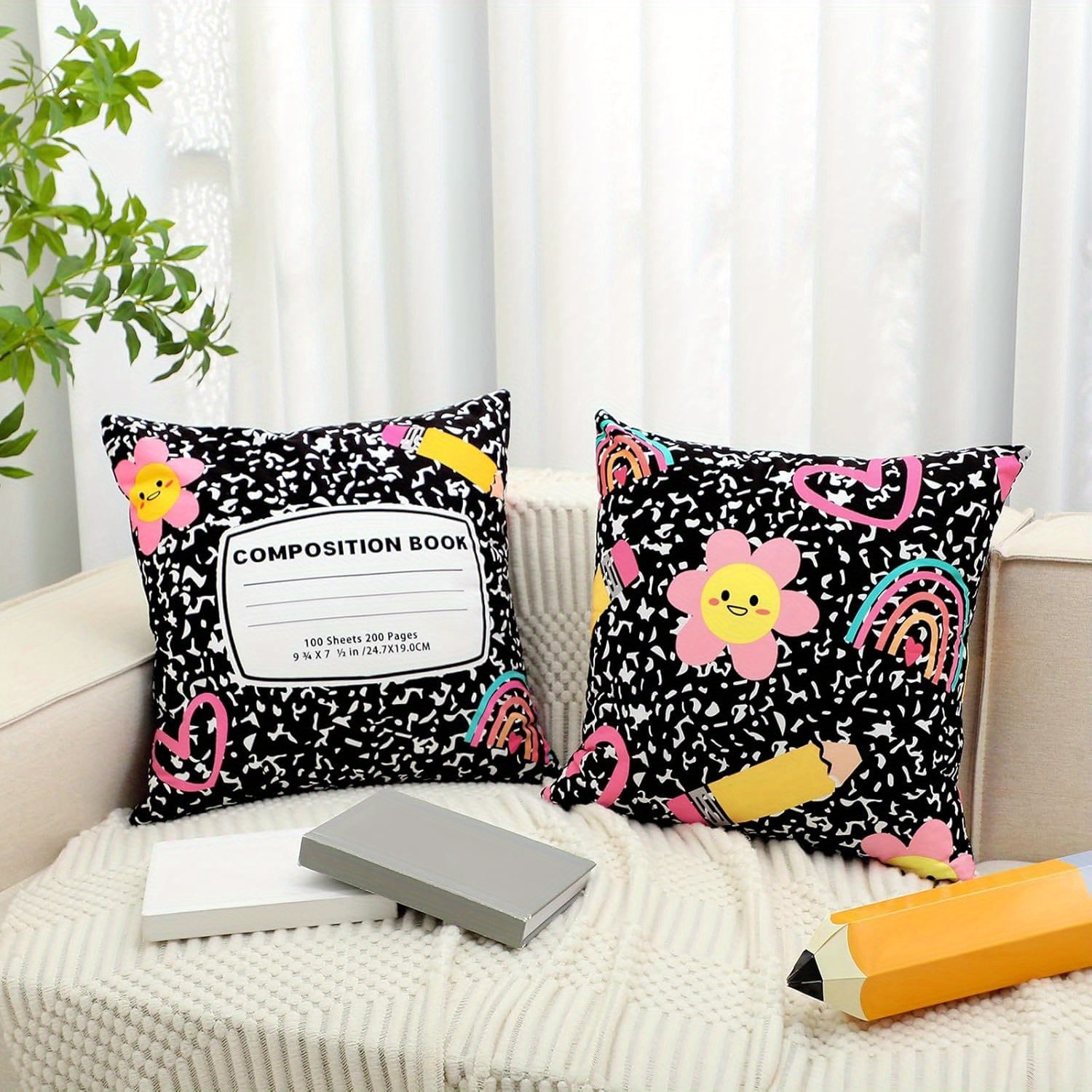 TEMU 2pcs 18"x18" Composition Notebook Throw Pillow Covers - Vibrant Rainbow & , Durable Polyester, Zipper Closure, Hand Wash Only - Classroom & Home