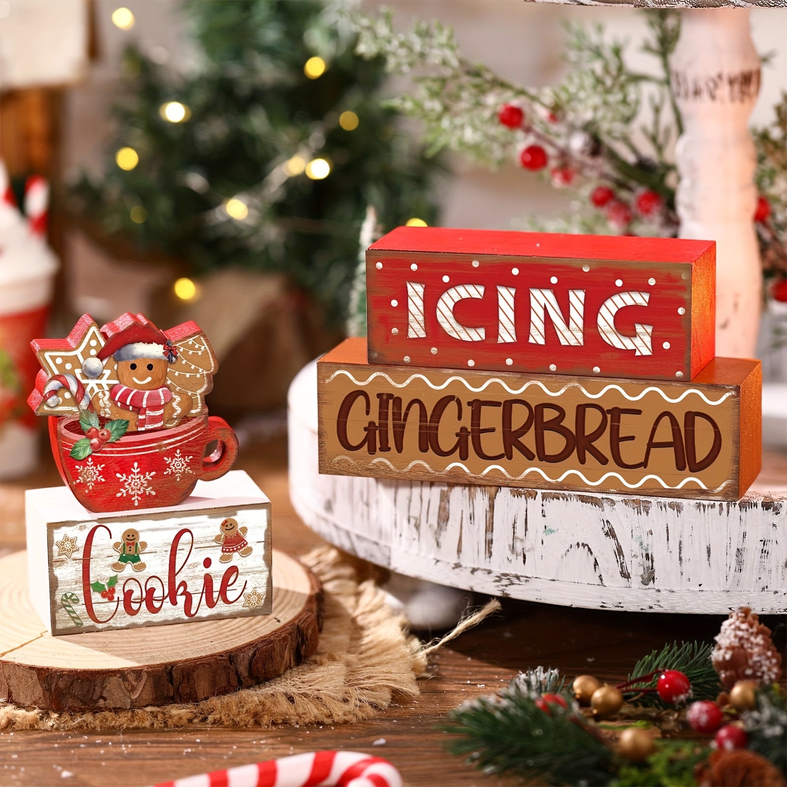 TEMU 4pcs Christmas Table Centerpiece -gingerbread, Candy Cane & Cup , Christmas Gingerbread Tiered Tray Decoration Set, Wooden Signs, Rustic Cute