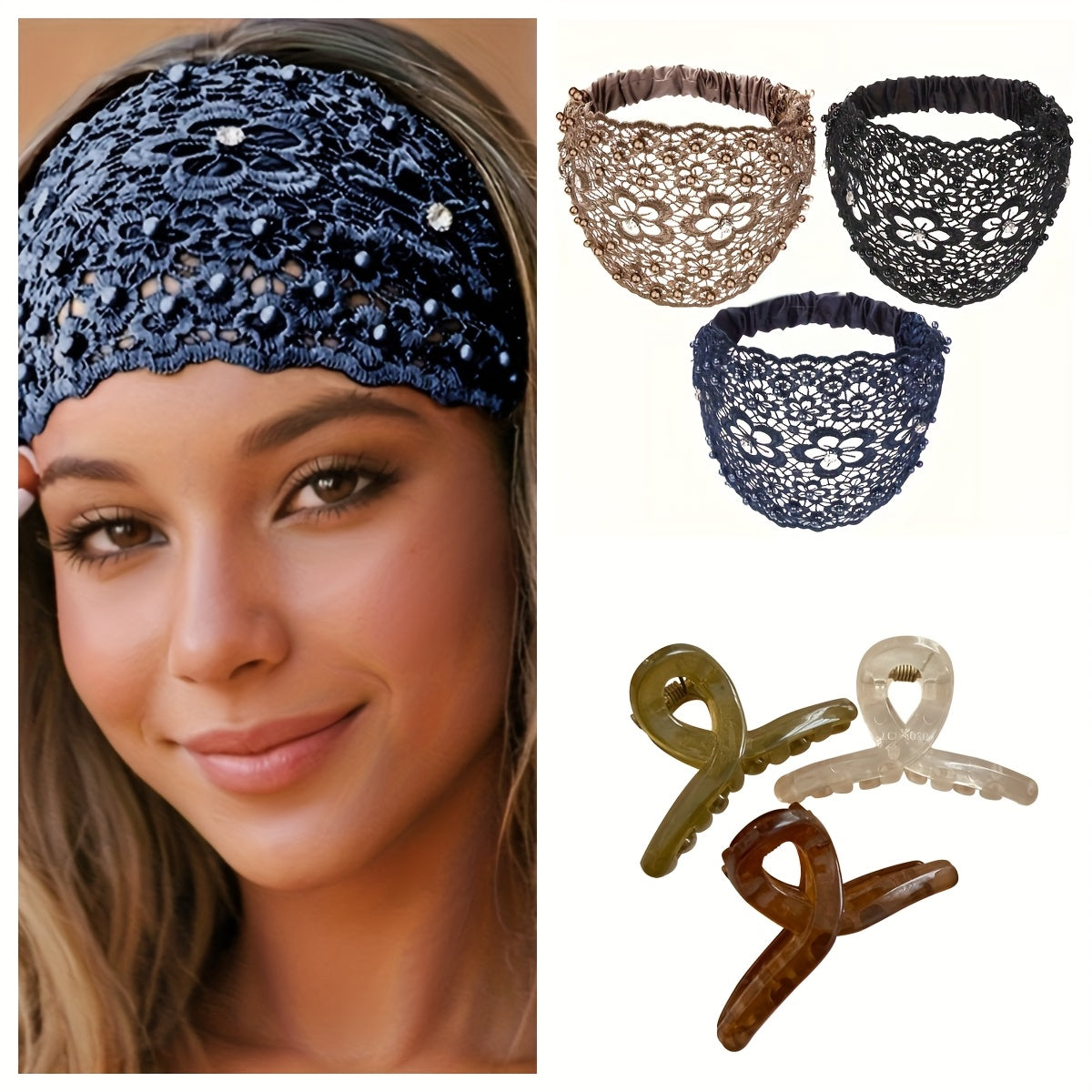 TEMU Cubidupi 6pcs Set Floral Beaded Headbands & Hair Clips For Women - Elegant Hair Accessories Combo, Fashionable For Casual Attire