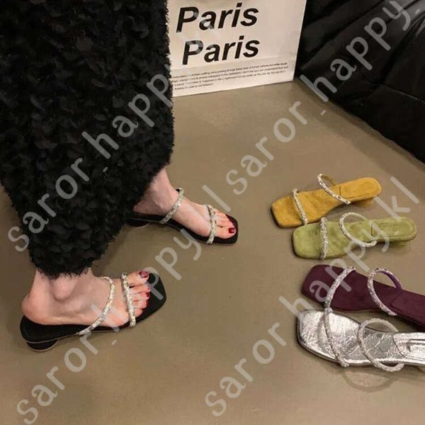 Low Heels With Skirt Slippers Women&#039;s Shoes Wear 2024 New Summer Rhinestone Beach Sandals Purple 515