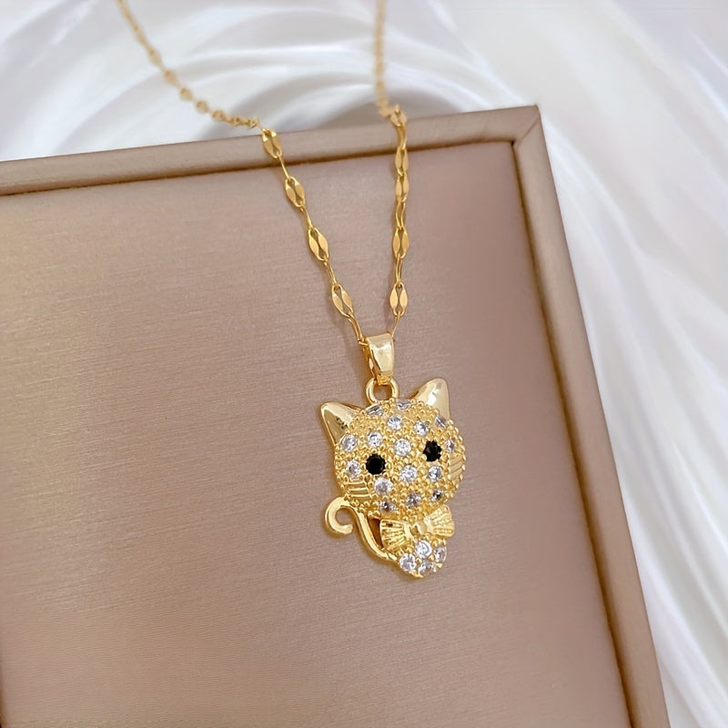 TEMU Cute Kitten Pendant Necklace With -accented Collar & Stainless Steel-like Chain - Golden- For,, - Elegant Feline-themed, Casual Attire