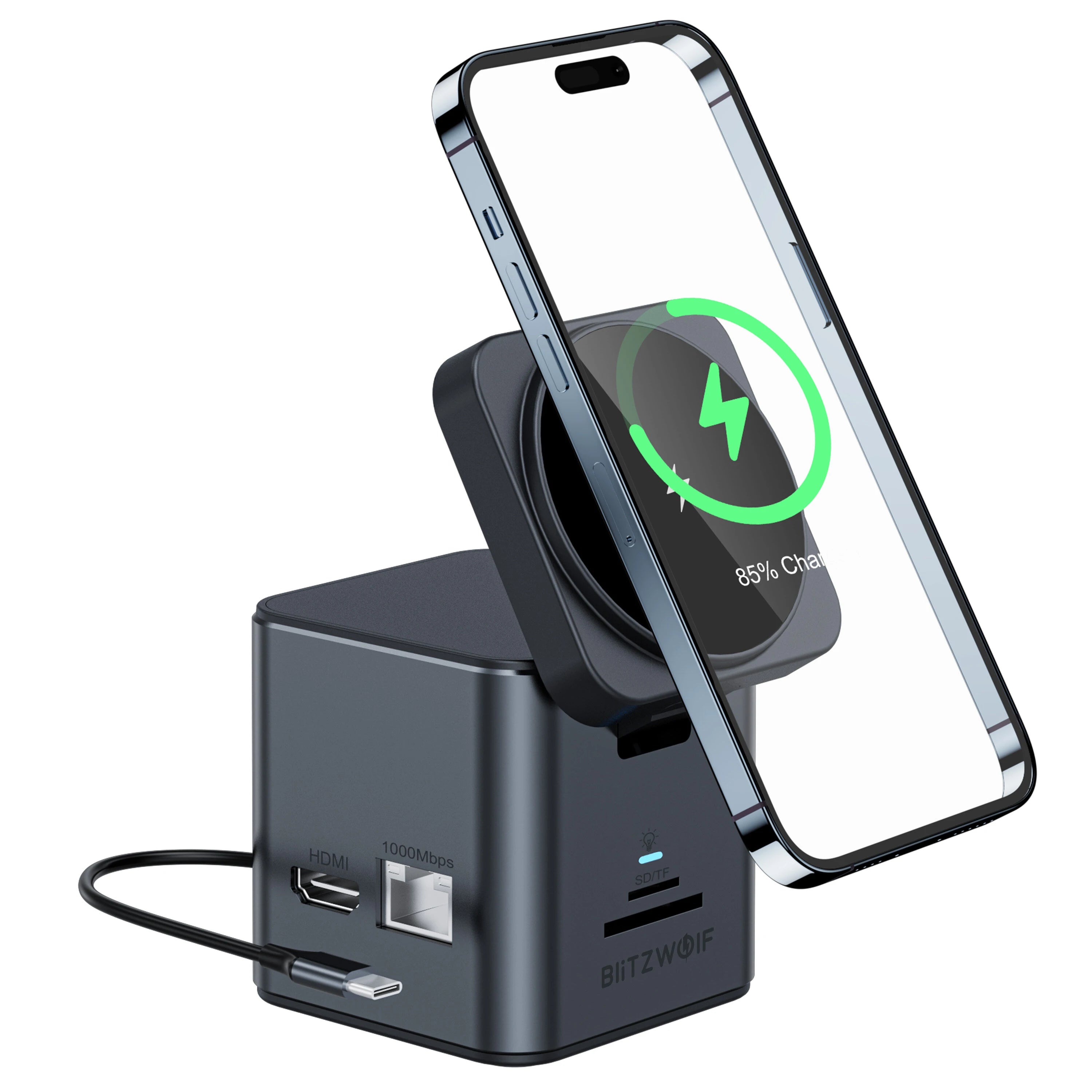 BlitzWolf BW-TH17 9 in 1 Type-C Docking Station Magnetic 15W Wireless Charger Stand USB-C HUB with USB3.0*3 HD 4K@30Hz G