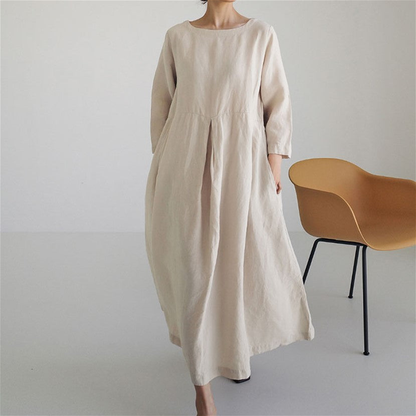 230 loose plus size dress Japanese Korean style cotton linen round neck pullover solid color large swing skirt