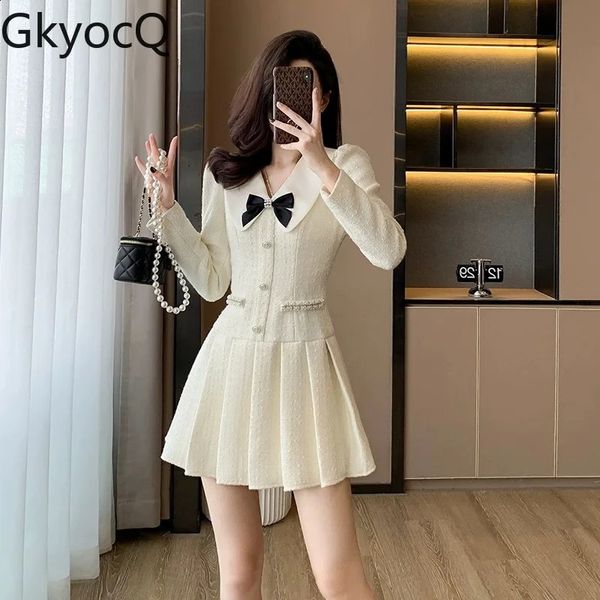 GkyocQ Fall and Winter Celebrity Small Perfume Style French Elegant Sweet Bow Tweed Lapel Collar Long-sleeved A Line Dress 240824