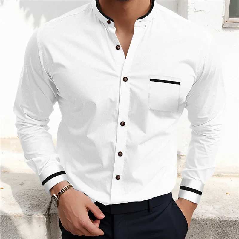 Mens Shirts Formal Button Up Shirt White Long Sleeve Color Block Stand Collar Spring Office Career Wedding Party Outfit Pocket Z240914