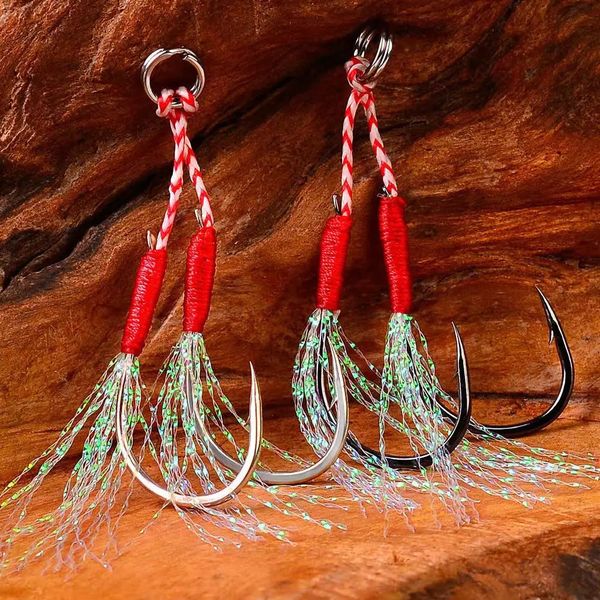 10PCSLot Cast Jig Assist Hook High Carbon Steel Angle Barbed Thread Feather Lure Fishing Tackle Slow Jigging Sea Pesca Fishhook 250207
