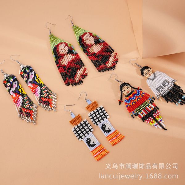 Dangle Chandelier Rice Bead Earrings Hand knitting Beaded Egyptian pharaoh fashion Simple Bohemia geometry female alloy Fringe Earrings 2305