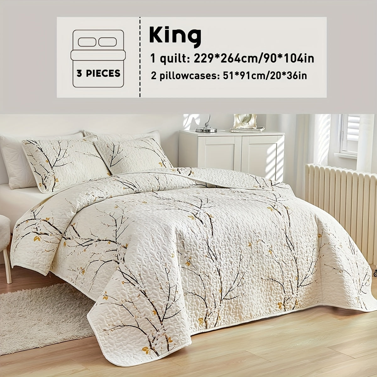 TEMU 2-3pcs Plum White Quilt Set - King Size Reversible Quilt Bedding Set, Lightweight Bedspread, Soft Botanical Bed Coverlet Set With 1-2 Pillow