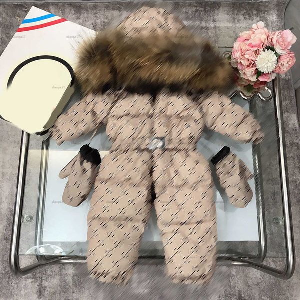 Top infant Down jumpsuit Fur collar kids Winter clothing Size 75-110 Grid Letter Full Print baby overcoat and Warm gloves