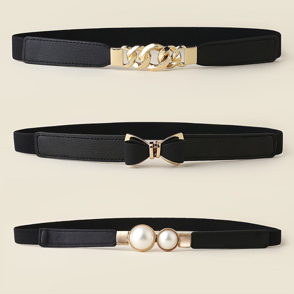 TEMU 3pcs Women's Stretchable Belts With Metal Buckles - Black, Golden-tone Bow & Pearl Accents, Versatile Waist Belts For Skirts, Shirts, Casual &