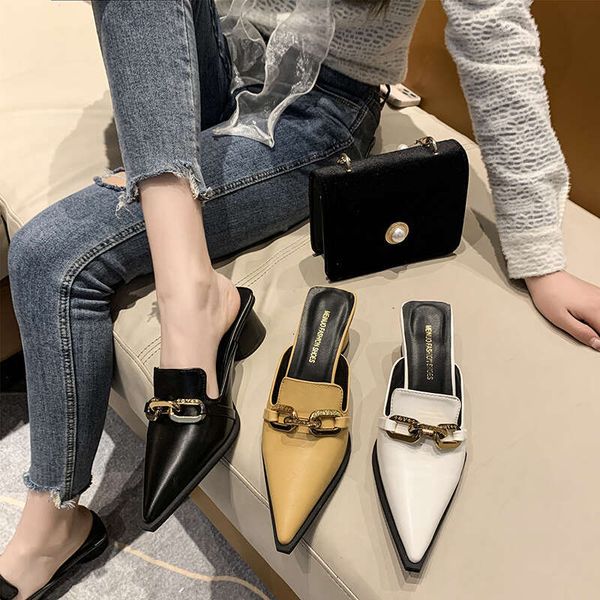 Temperament Pointed Toe Women 2022 Summer New Thick Heel Metal Chain Fashion High Heels Slippers Office Lady Slides