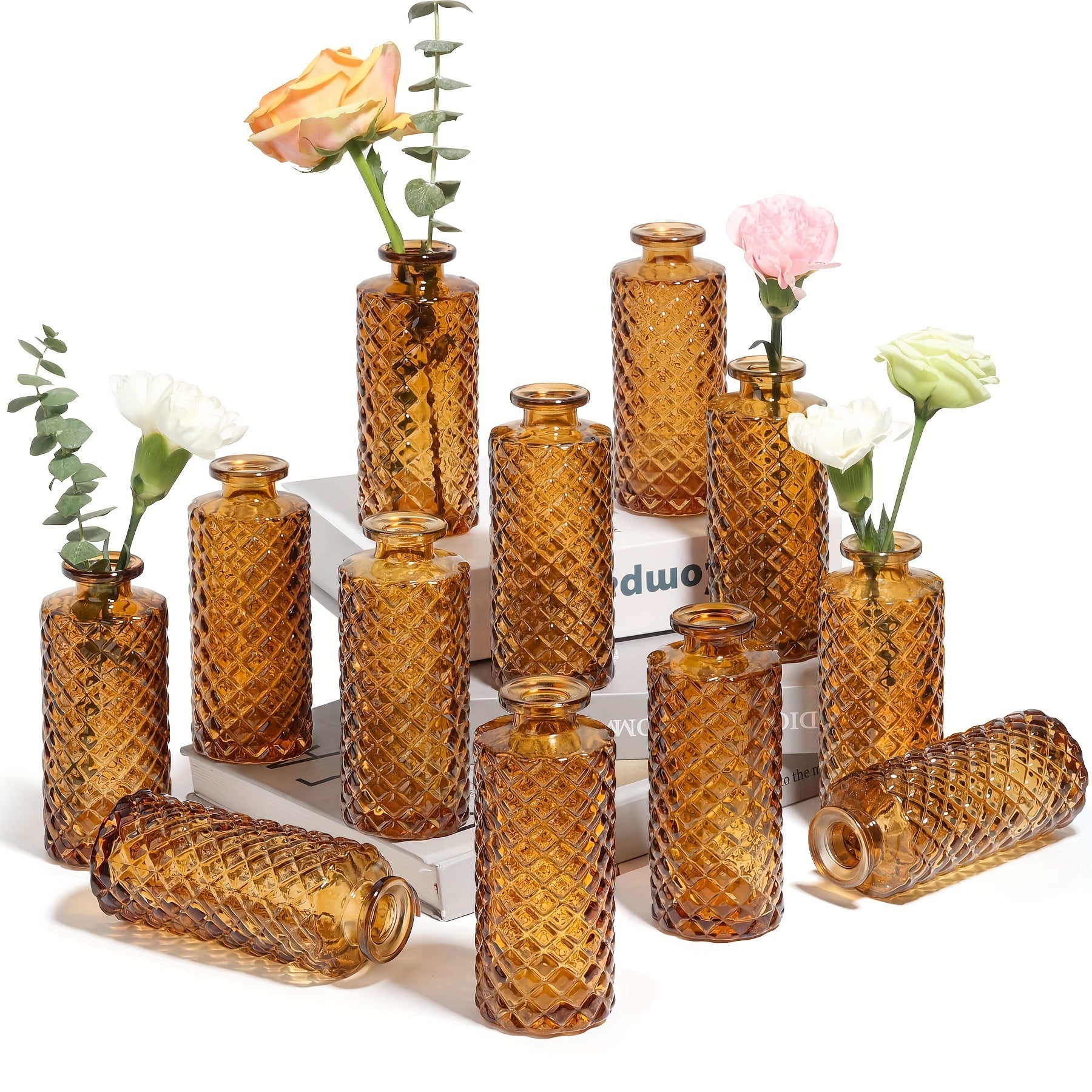 TEMU 12-24-36pcs Amber Glass Bud Vase, Small Diamond Bud Vase Loose, Mini Flower Vase Center Decoration, Vintage Desktop Decoration Center Vase,