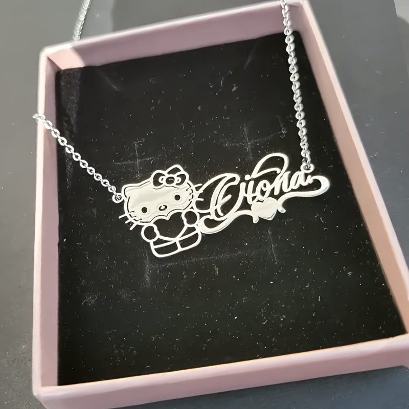 TEMU Custom For Hello Kitty Name Necklace - Personalized Cute Cartoon Cat Pendant, Stainless Steel Charm With Elegant , Perfect Gift For Her Stylish