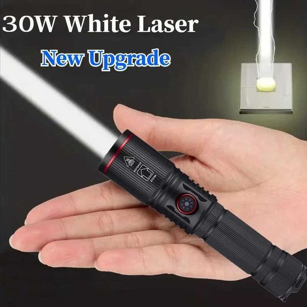 30W White Laser LED Flashlight High Power Type C Rechargeable Zoom Torch Camping Outdoor Hunting Fishing Walking Lighting LampXJ241106