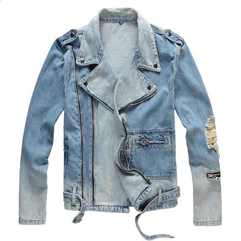 Sokotoo Mens holes ripped blue jean biker jacket for motorcycle Streetwear zippers turn down collar denim coat Outerwear 240816