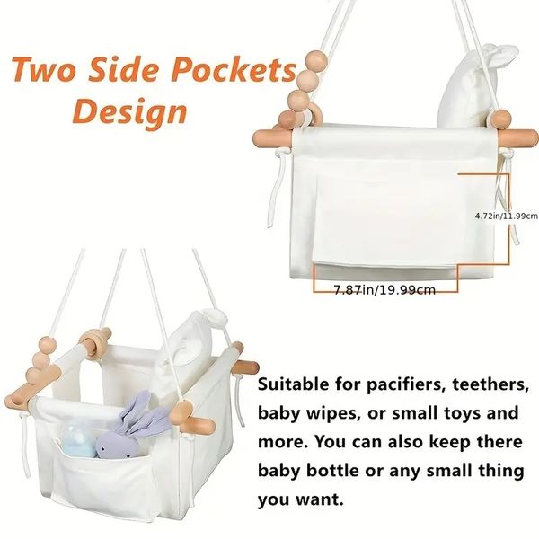 Wooden Framed Cream Baby Swing - Secure Design with Safety Belt and Storage Pockets for Home & Garden