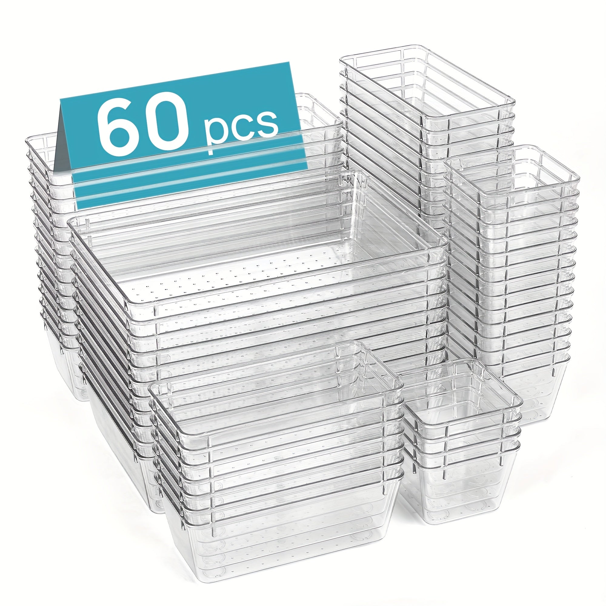 TEMU 60pcs Of Storage For Tables And Drawers, Office Organization Drawers, Desk Organizer Bins In 4 Sizes, Transparent Plastic Storage Containers For