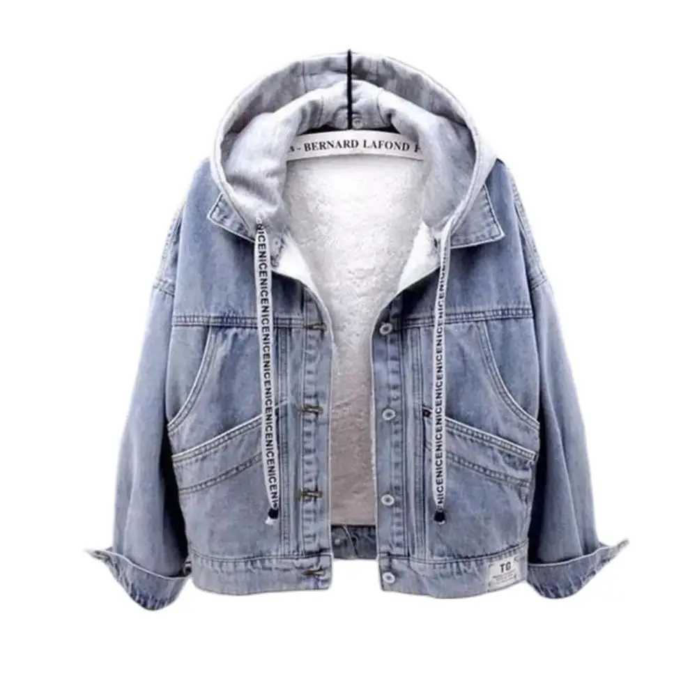 2024 Winter Denim Jacket Women Fashion Fur Collar Warm Fleece Velvet Lining Denim Coats Bomber Jacket Female Blue Chaqueta MujerX240920