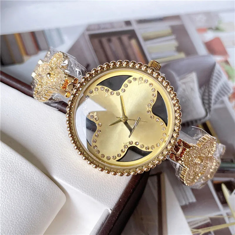 2025 Fashion Full Brand Wrist Watches Women Ladies Girl Crystal Flower Big Letters Style Luxury Metal Steel Band Quartz Clock L79