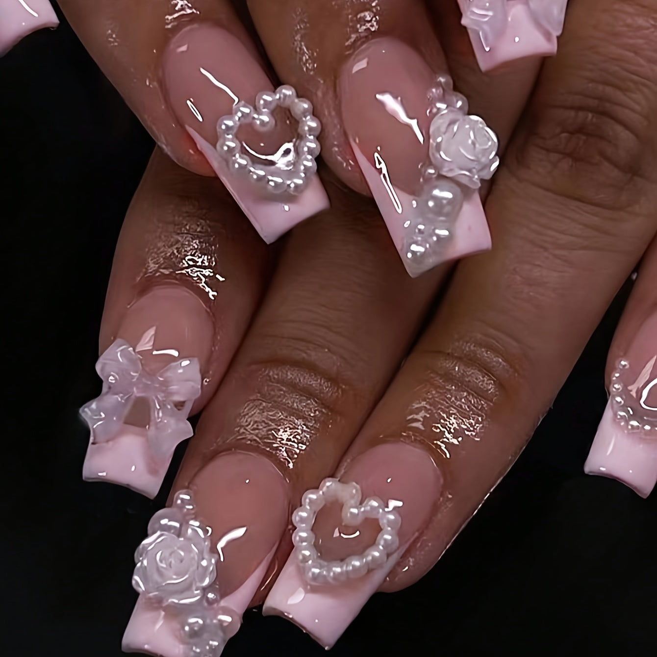 TEMU 24pcs Luxurious French-inspired Long Square Press-on Nails - Pink Glossy With 3d, Floral, Heart & Bow Designs, Medium Length Reusable Artificial