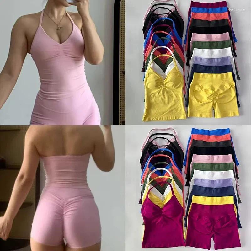 Women&#039;s Tracksuits 2 Pieces Sports Set Women Backless Tank Yoga Tops High Waist Scrunch Seamless Shorts Sport Gym Sportswear Workout