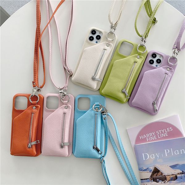 Luxury Crossbody Lychee Grain Zipper Vogue Phone Case for iPhone 14 13 Mini 12 11 Pro Max XR XS 7 8 Plus Adjustable Lanyard Card Slot Leathe