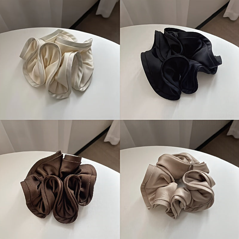 TEMU 4pcs Elegant Satin Hair Scrunchies - Soft Fabric Flower Ponytail Holders In Black, Beige & Brown, High Hair Ties For Women, Stylish Hair