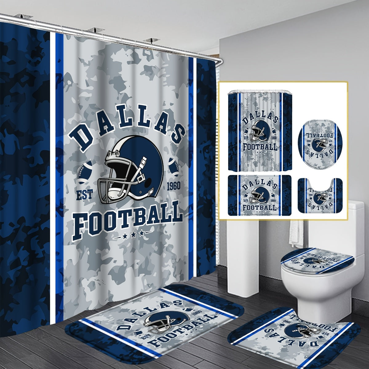 TEMU 4pcs-1pc Dallas Football Shower Curtain, High Quality Bath Drape Set With Non-slip Rugs, Toilet Mat, Toilet Seat Cover, Football Helmet-sports
