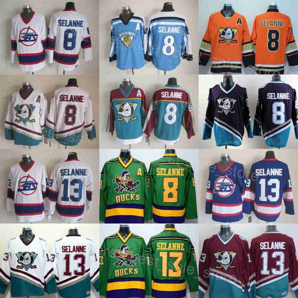 Retro Anaheim Hockey 8 Teemu Selanne Jerseys Throwback Mighty 1993 Vintage Classic Black Blue White Red Green Team Embroidery And Sewing For
