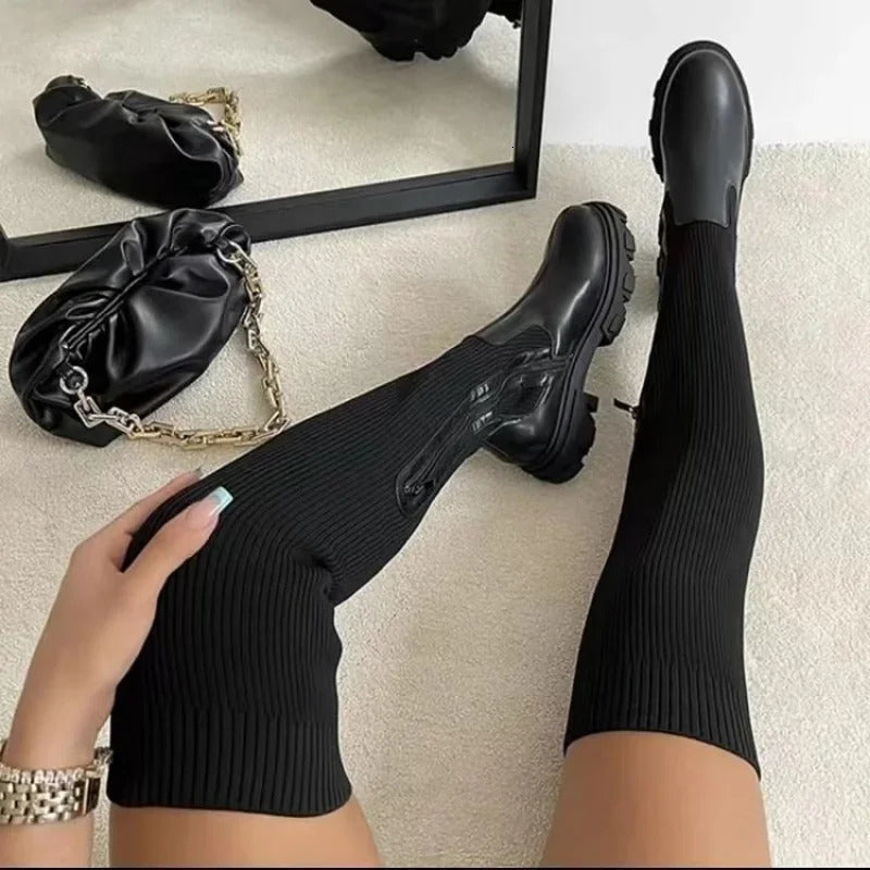 Women Thick Sole Boots Autumn Winter Breathable Knitting Sock Ladies Thigh High Boots Stretch Round Toe Shoes Plus Size 43 250716