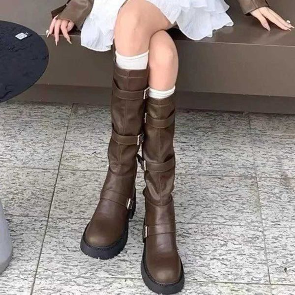 Womens Knee High Boots New Autumn Belt Buckle Chunky Heel Shoes for Women Outdoor Dress Womens Thigh High Riding Boots Zapatos Z241028