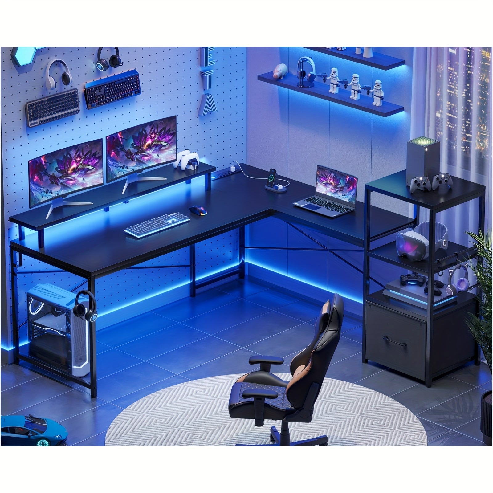 TEMU L Shaped Gaming Desk With Led Lights & Power Strips, Computer Desk With Monitor Stand & Storage Shelves, Corner Table Reversible Pc Laptop