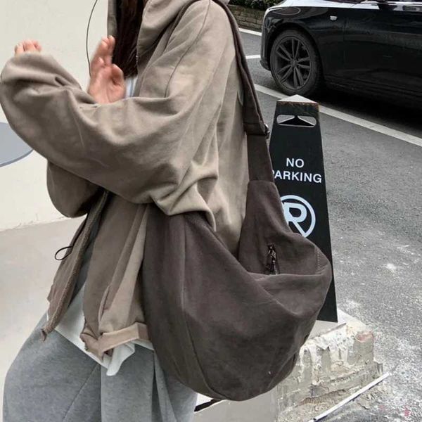 Vintage Womens Bag Large Capacity Suede Shoulder Bag Solid Color Simple Casual Commuter Bag Retro HandbagsC241104