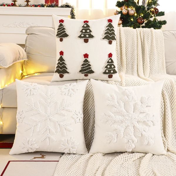 1 PC Christmas Tree Throw Pillow Case Cover Embroidery Canvas Tufted Snowflake 241111