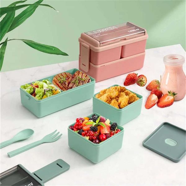 Double Layer Portable Lunch Box For Kids With Fork and Spoon Microwave Bento Boxes Dinnerware Set Food Storage ContainerM240807