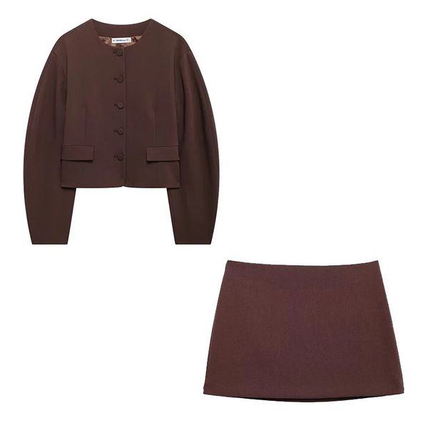 Willshela Women Fashion 2 Piece Set With Pockets Brown Jackets Vintage Side Zipper Mini Skirt Female Chic Lady Skirts Set 241202
