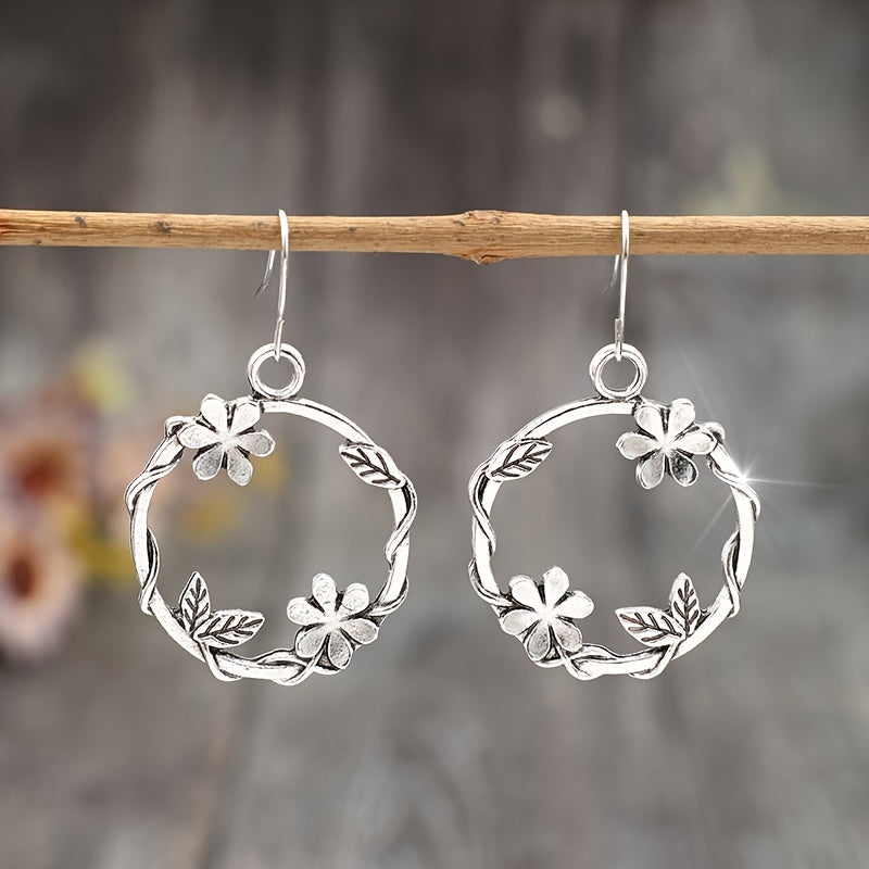 TEMU Pair Of Vintage-inspired Floral Leaf Dangle Earrings - Bohemian Style With Round Vine Patterns, Iron Posts For Casual Attire, Casual
