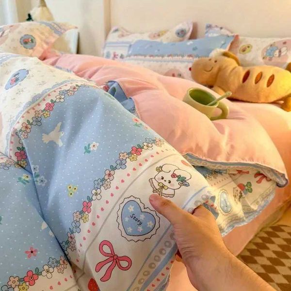 Cute Rabbit Bedding Set New No Filler Ins Floral Duvet Cover Flat Sheet cases Twin Queen Size Girls Boys Comforter Cover Y250122